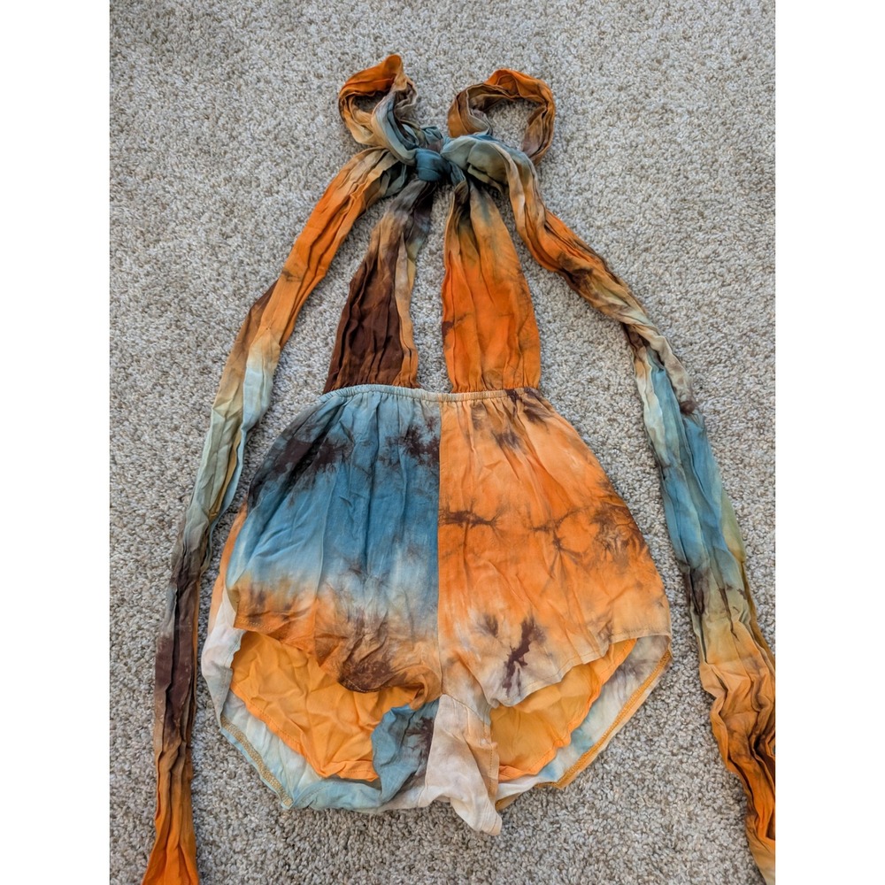 Hers & Mine Women Tie Dye Halter Romper Orange Blue Boho Festival P436TD Small